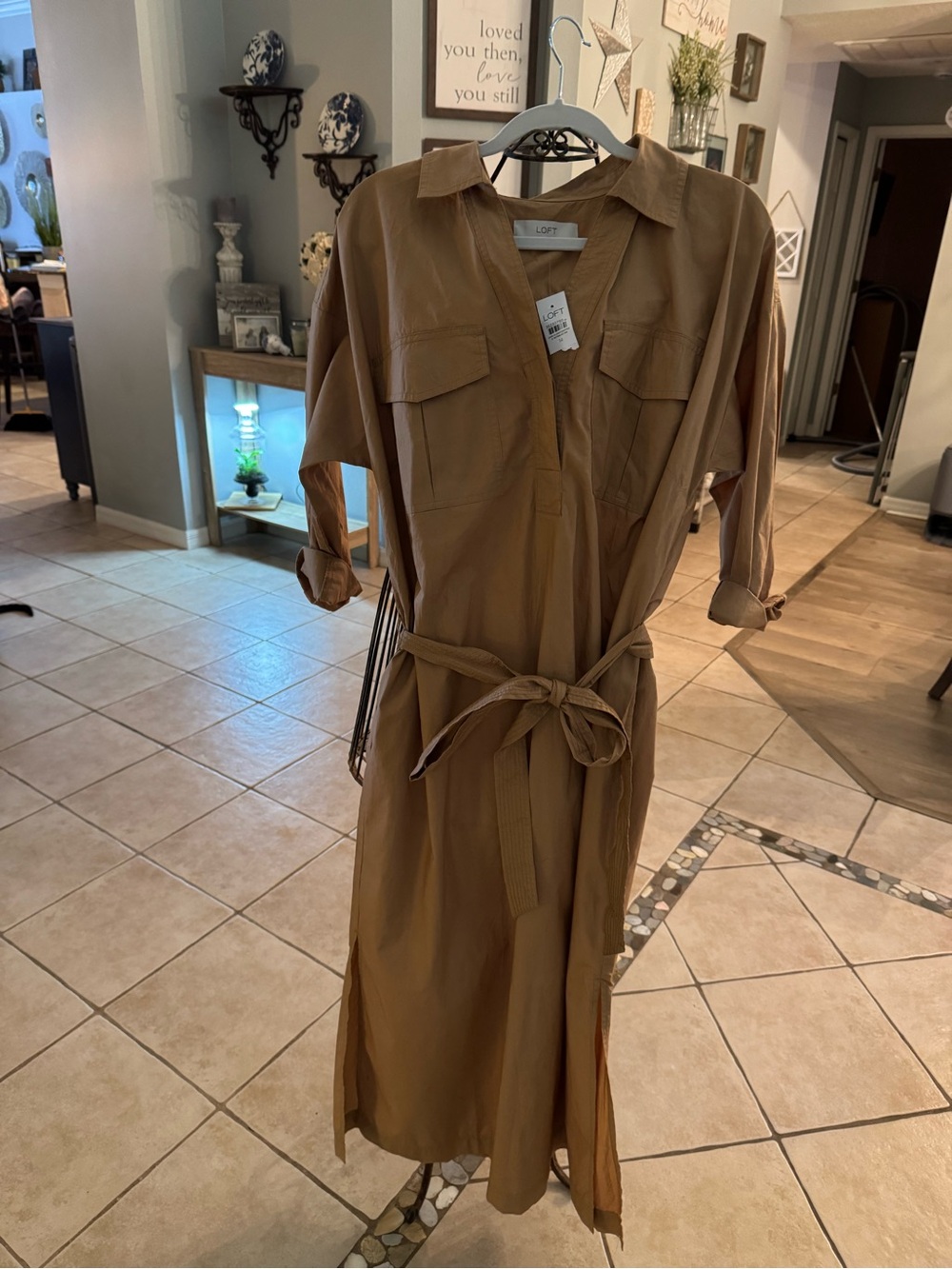 NWT LOFT Utility Shirt Dress Size 14 Tan Camel Belted Midi Roll Tab Sleeve
